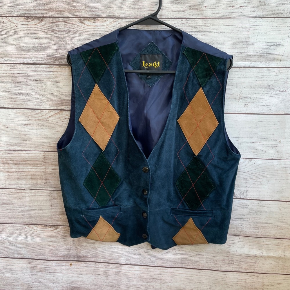 EXCELLENT CONDITION VINTAGE LEARSI LEATHER VEST IN‎ ARGYLE DESIGN